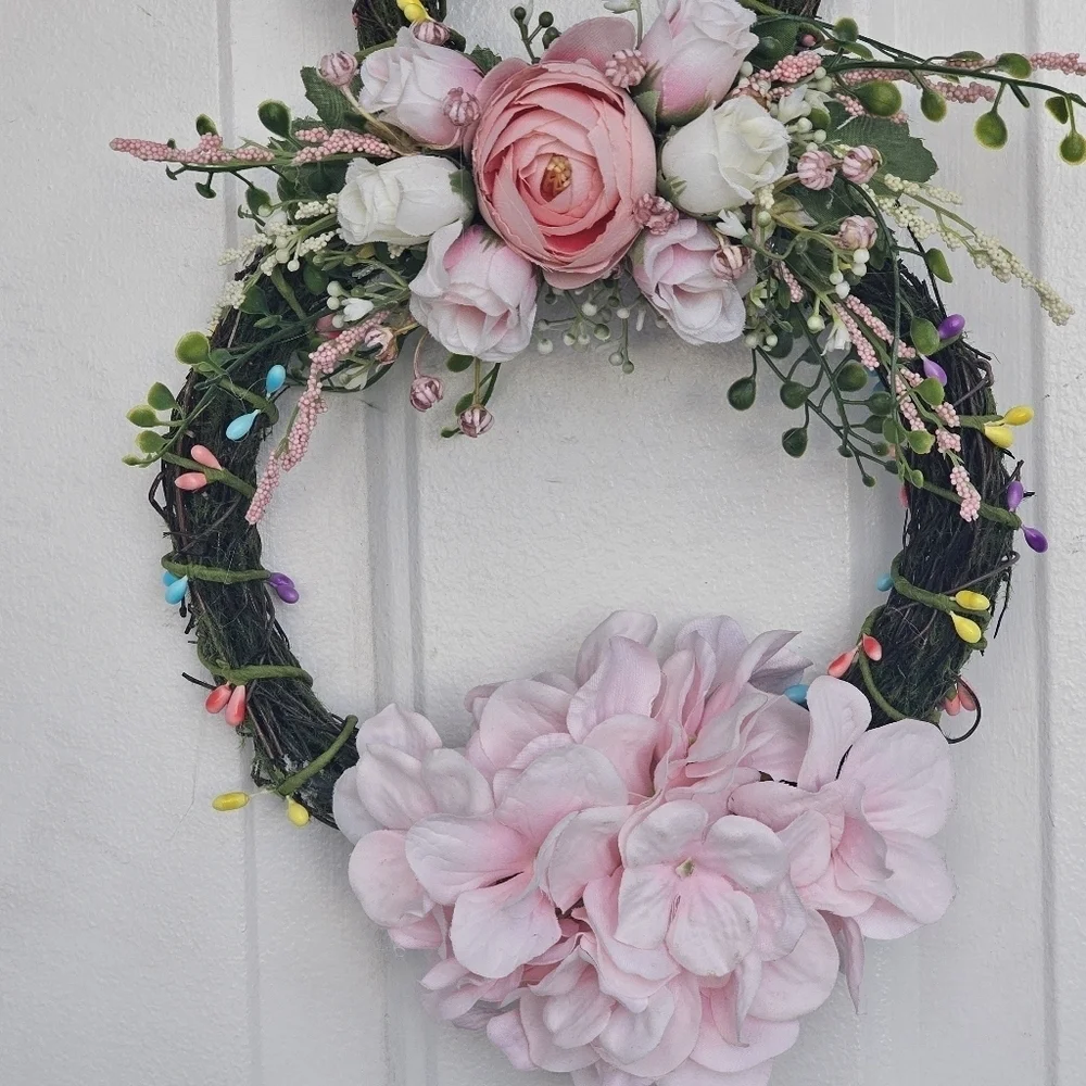 Handmade Floral bunny Spring/Easter Wreath with light pink and white florals